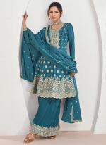 Chinnon Silk Sky Blue Party Wear Embroidery Work Readymade Salwar Suit